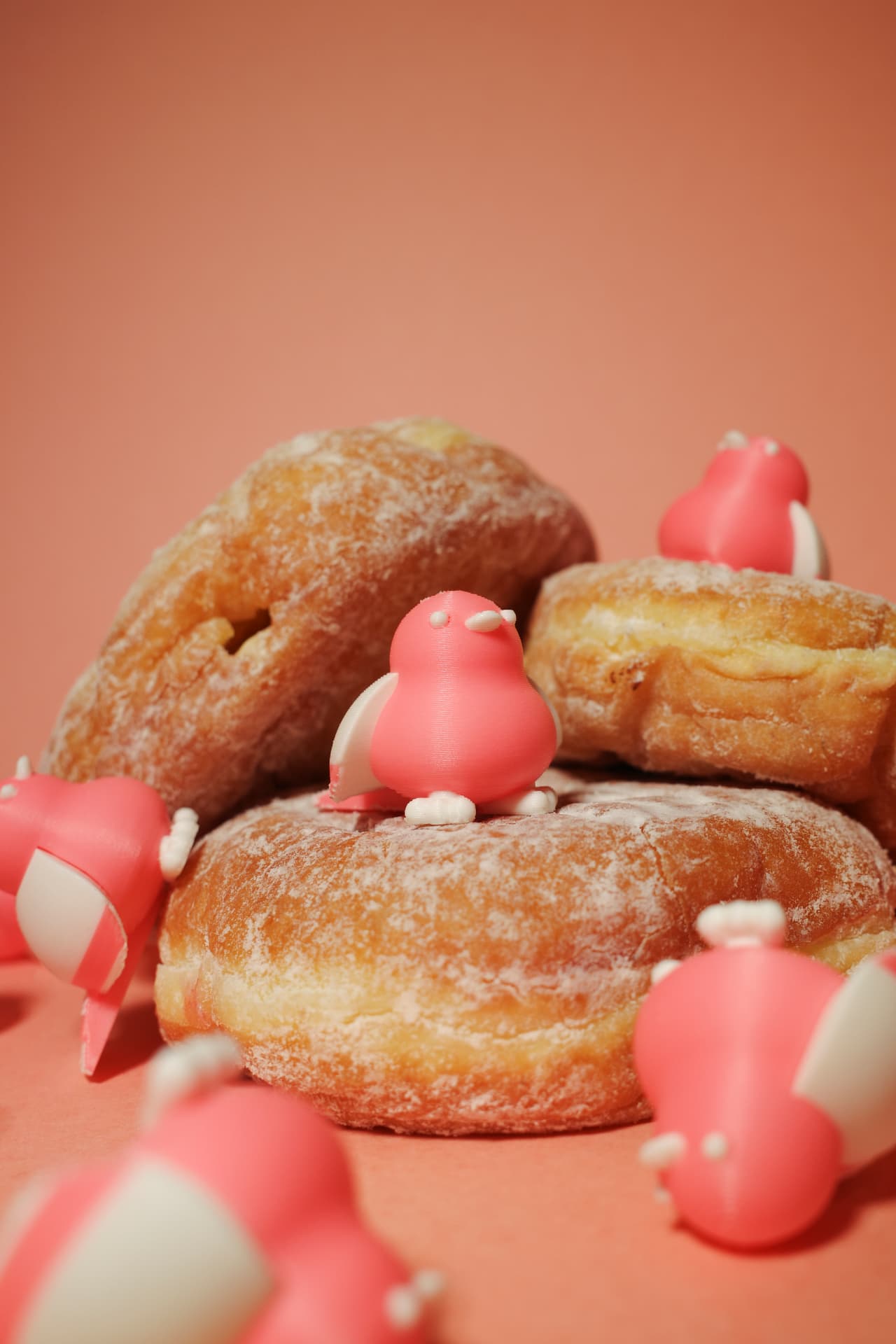Donut Watch Co. Jelly Donut photographed with pink and white bird figures