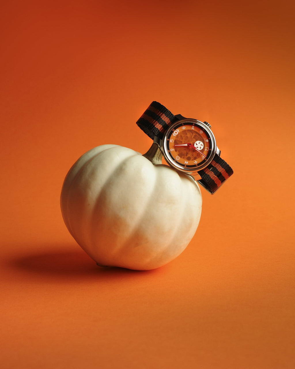 the jack o' lantern strapped round a small white pumpkin
