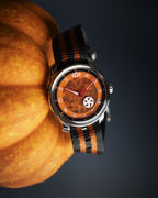 the jack o' lantern on its strap beside a pumpkin